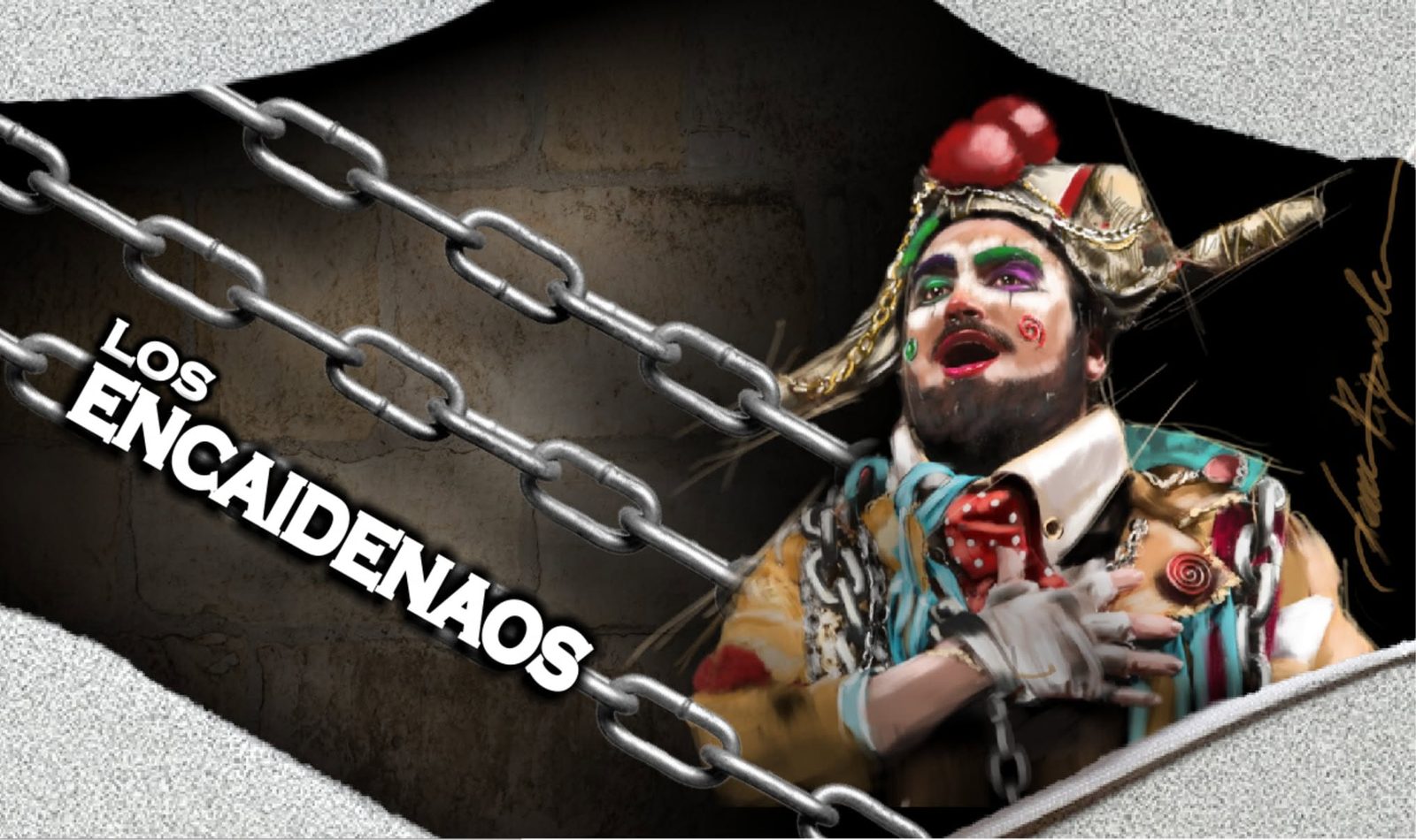 Cartel con un personaje de carnaval entre cadenas