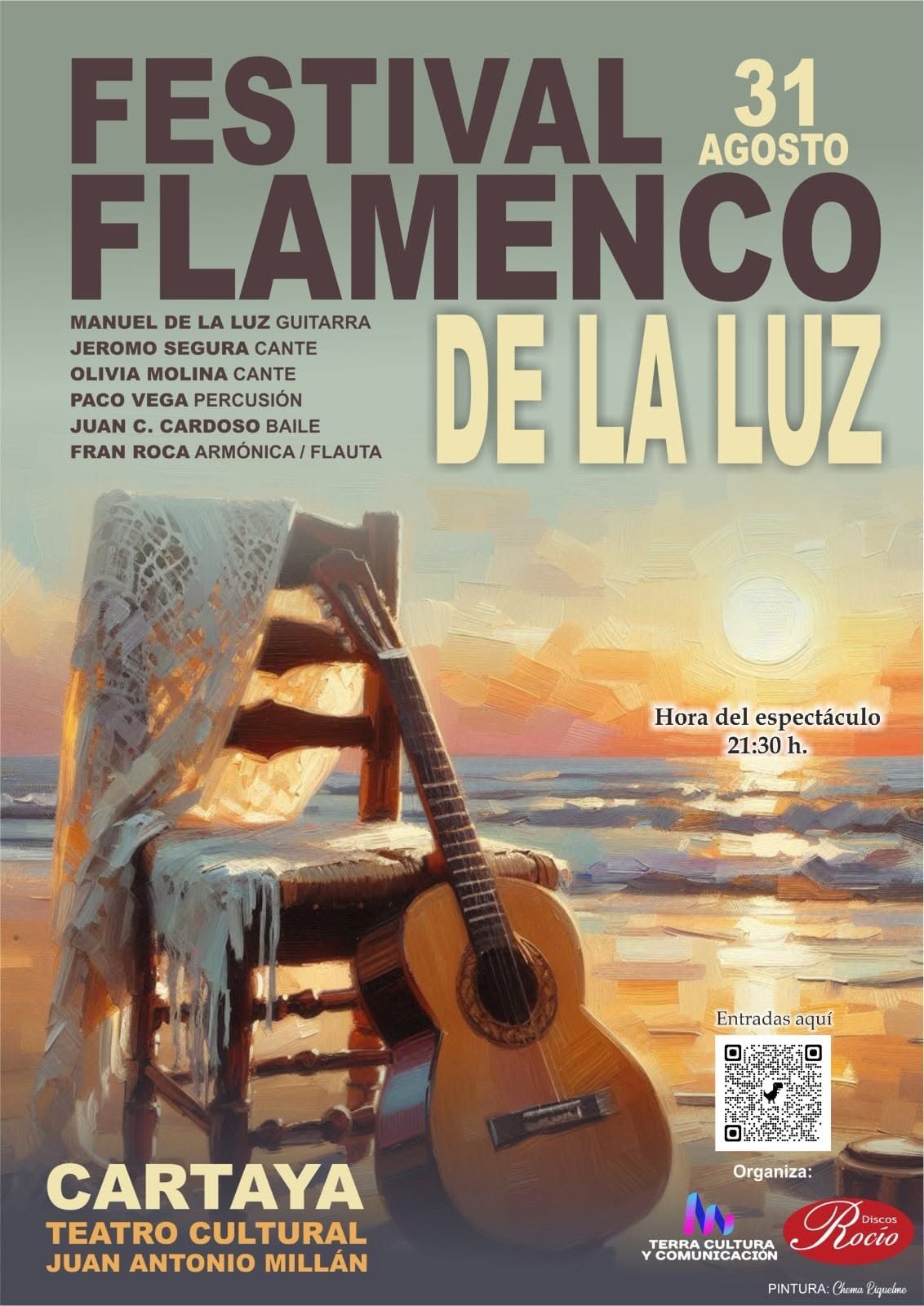 Cartel de festival flamenco con una guitarra frente al mar al atardecer