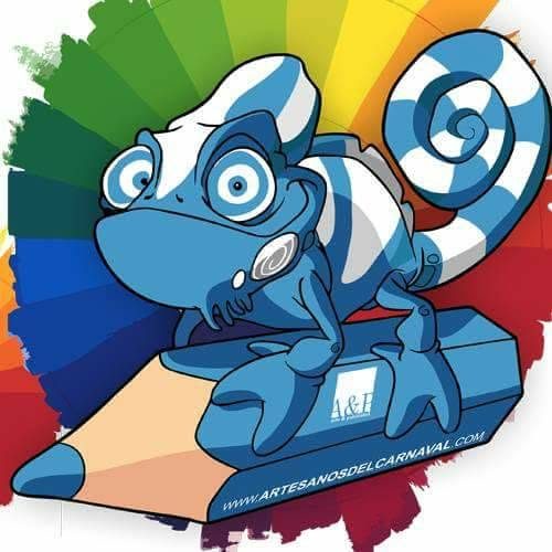 Ilustración de un camaleón azul sobre un lápiz