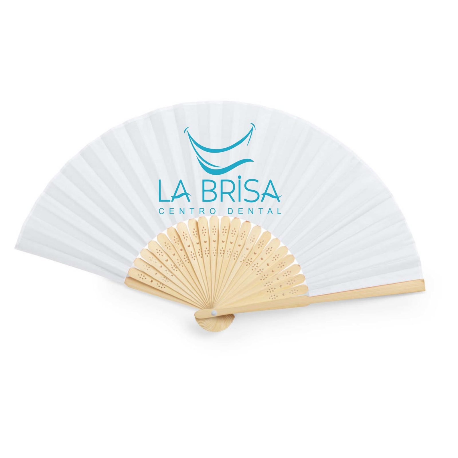 Abanico blanco con logotipo azul