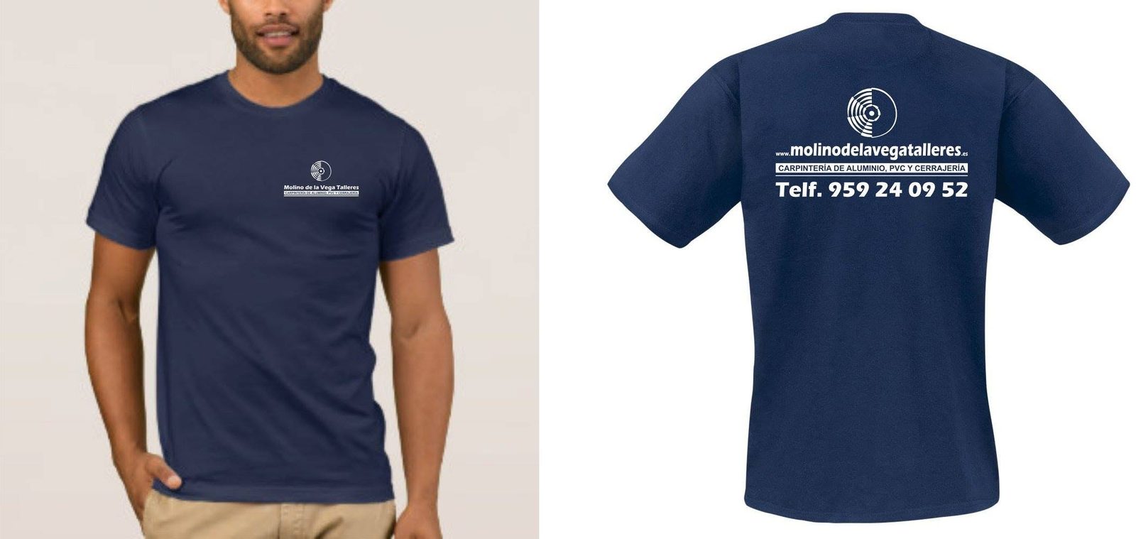 Camiseta azul marino con logotipo delante y datos detrás